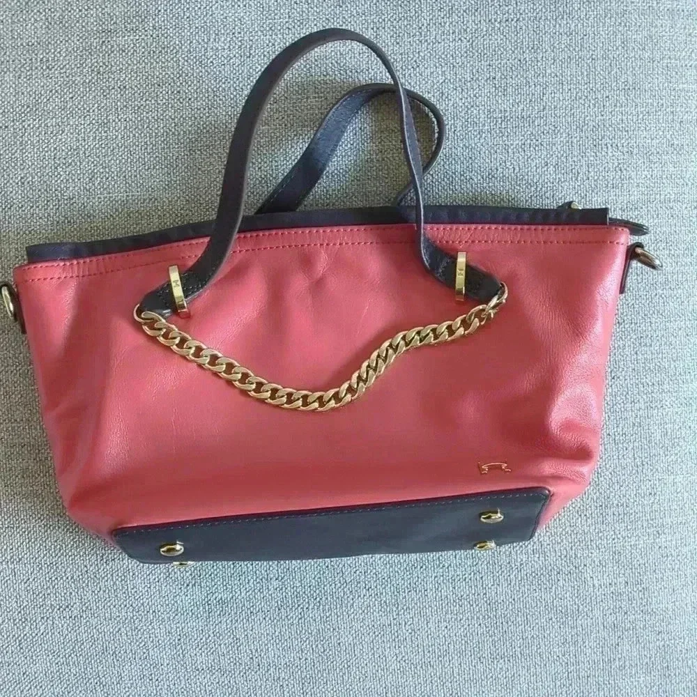 Vintage Halston Heritage Leather Handbag with Crossbody Option Salmon/Brown/Gold - Picture 1 of 6